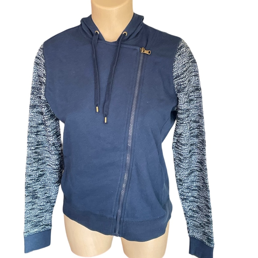 CHAPS Full Zip Moto Style Asymmetric Knit Hoodie Jacket Dark Teal Petite Medium